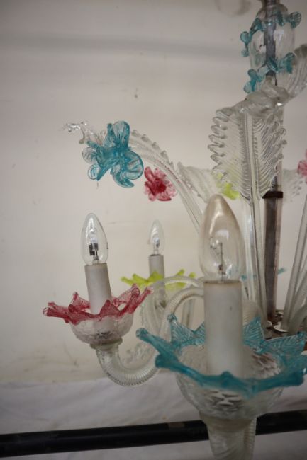 A Murano glass six branch chandelier with daffodil type flower heads and glass leaves radiating, - Image 3 of 7