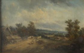 Patrick Nasymth A pastoral scene with a shepherd and sheep in the foreground Oil on