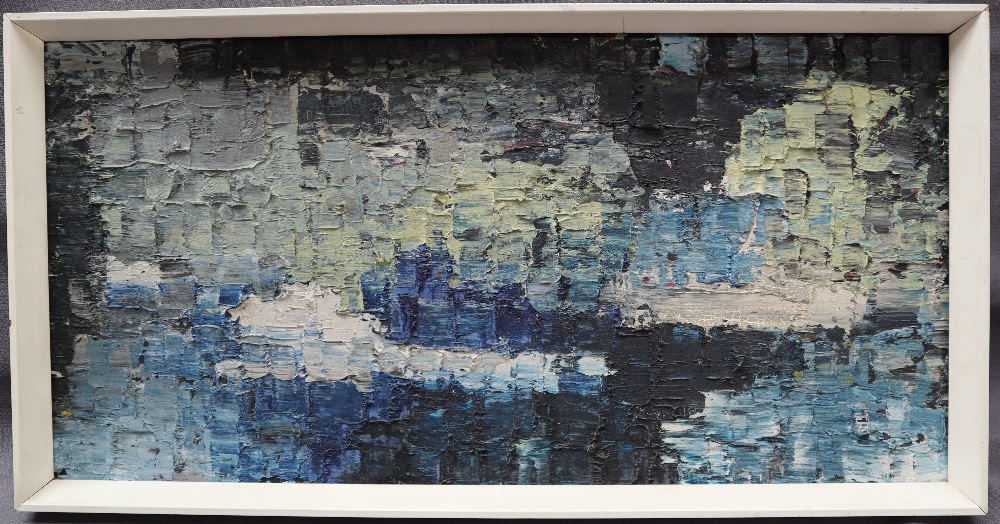 John Eynon Abstract in blues and blacks Oil on board Signed and dated '62 verso, - Image 2 of 3