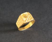 A yellow metal signet ring with Rolex insignia and wave decoration, marked 916 and PG in a shield,