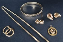 A 9ct gold hinged bangle together with a 9ct gold rope twist necklace, 9ct gold earrings,