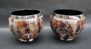 Miguel Pineda - a pair of white metal pedestal bowls, with enamel decoration of aztec type figures,