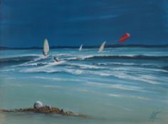 Nick John Rees Broken nets and surf, Trebuerden, Brittany Oil on board Initialled,