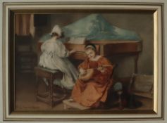 Marie Seymour Lucas Music practice Two young girls playing a piano and a lute Watercolour Signed 24