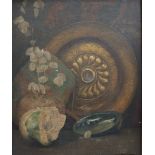 Christopher Williams (1873-1934) Still life study of a brass charger and flowers etc Oil on