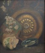 Christopher Williams (1873-1934) Still life study of a brass charger and flowers etc Oil on