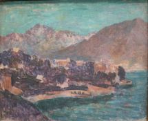 Christopher Williams (1873-1934) A mountainous landscape with a town in the foreground Oil on