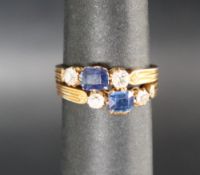 A sapphire and diamond double crossover ring,