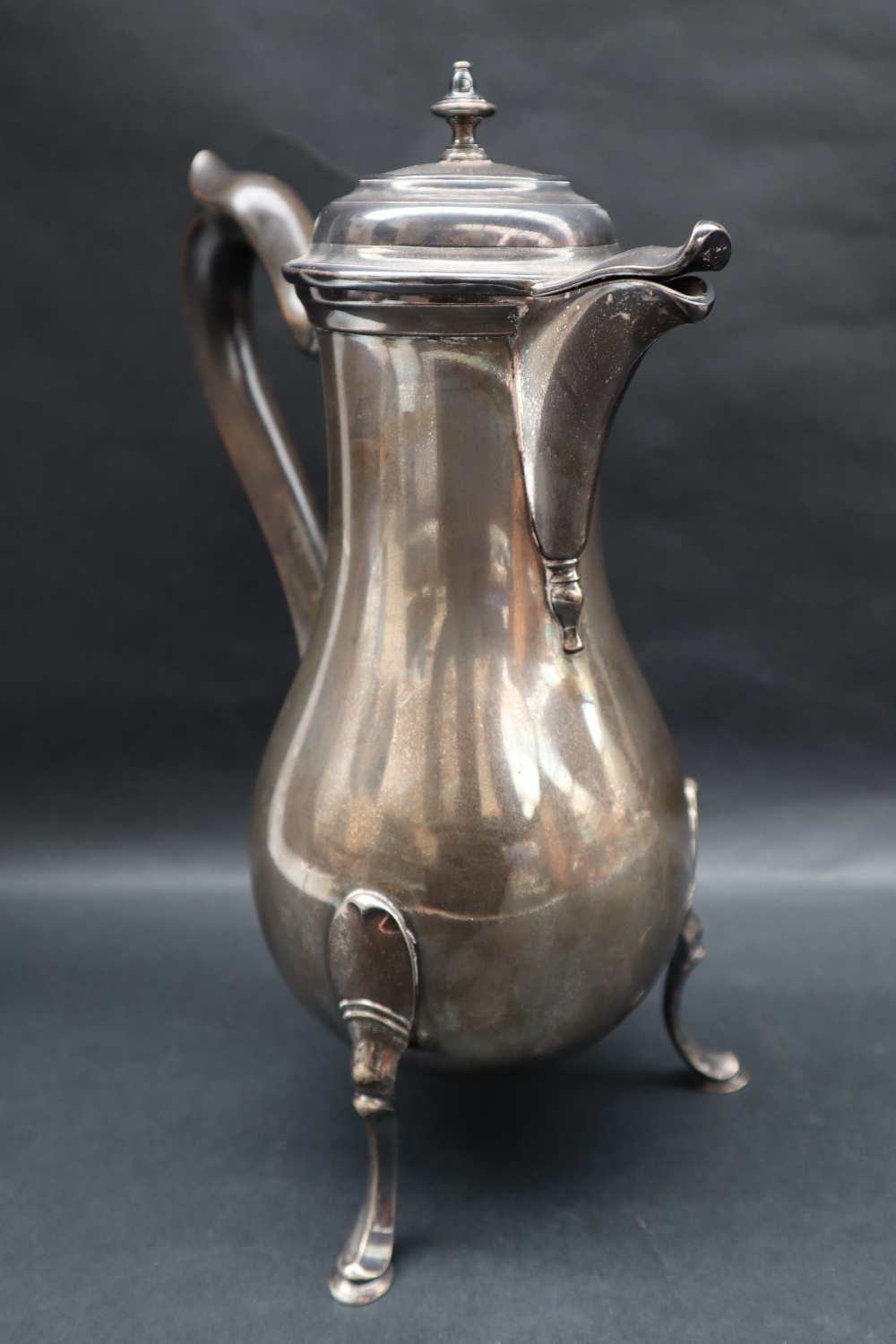 A continental white metal baluster hot water pot on three legs and hoof feet together with a large - Image 3 of 10