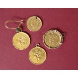 Two princess head gold 1 dollar coins, dated 1856, mounted as earrings,