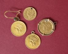 Two princess head gold 1 dollar coins, dated 1856, mounted as earrings,
