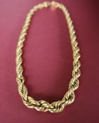 An 18ct yellow gold necklace of rope twist form, 44cm long,
