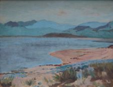 Christopher Williams (1873-1934) Barmouth - A beach scene with blue hills in the background Oil on