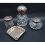 An Edward VII silver topped dressing table pot, set with a semi precious stone, Birmingham,