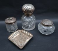 An Edward VII silver topped dressing table pot, set with a semi precious stone, Birmingham,