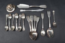 A Victorian silver fish knife, London, 1864, Charles Boyton, Victorian silver tea spoons,