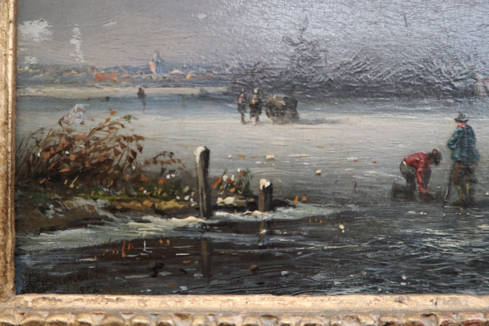 Anthonie Jacobus Van Wyngaerdt A frozen river Oil on board MacConnal-Mason & Son label verso 17 x - Image 3 of 4