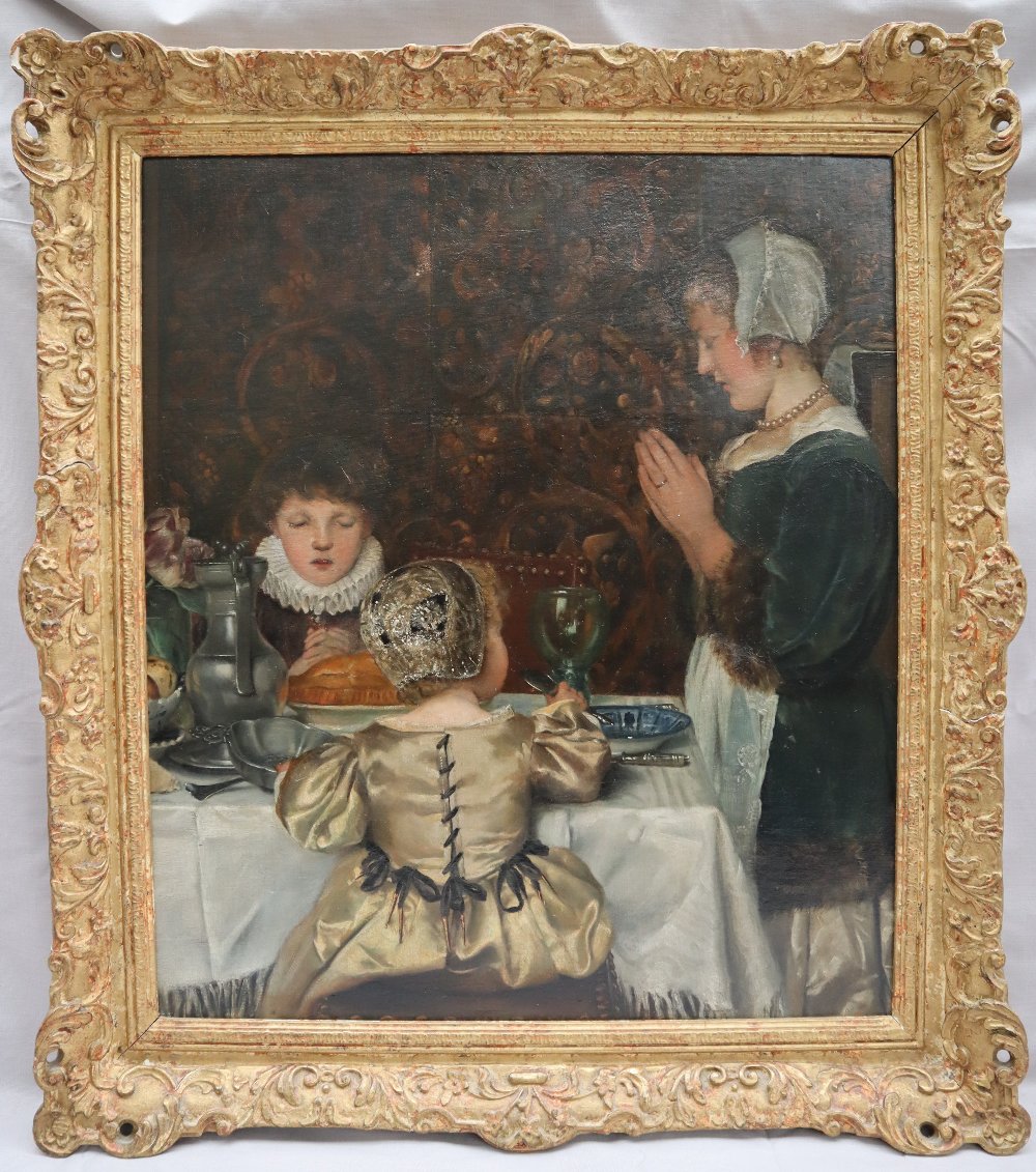 19th Dutch School An interior scene with a mother and children praying at the table Oil on canvas - Image 2 of 7