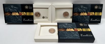 The Royal Mint - Pure Excellence - Three 2010 UK Sovereign Gold Bullion coins,