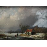 Anthonie Jacobus Van Wyngaerdt A frozen river Oil on board MacConnal-Mason & Son label verso 17 x