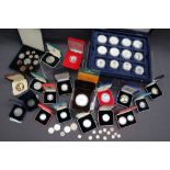 A collection of silver and other coins, including 1990 silver proof five pence two coin set,