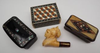 A 19th century horn snuff box of rectangular form with an inlaid tortoiseshell panel, 5.