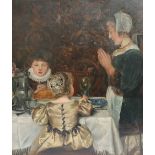 19th Dutch School An interior scene with a mother and children praying at the table Oil on canvas