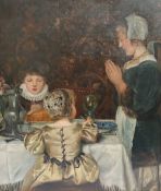 19th Dutch School An interior scene with a mother and children praying at the table Oil on canvas