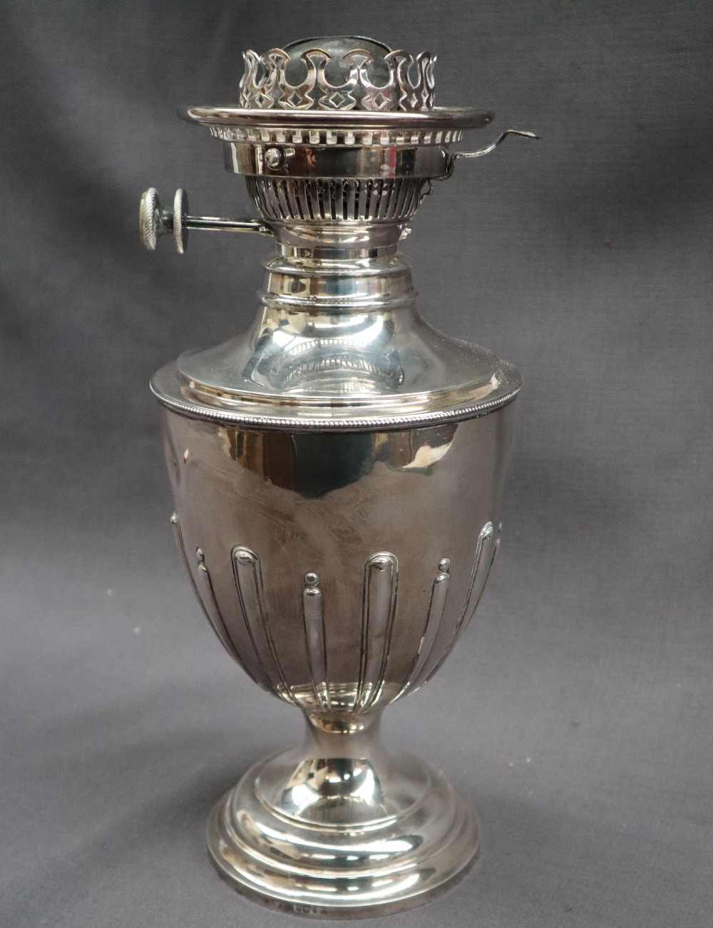 A Victorian silver oil lamp, of vase shape with a beaded rim and spreading foot, Sheffield, 1893, - Image 2 of 9