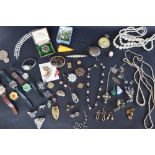 Assorted costume jewellery including beaded necklaces, paste set necklace, buttons, brooches,