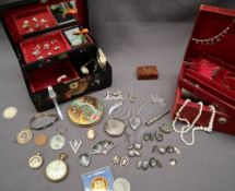 Assorted costume jewellery including Siamese bracelet, earrings, cufflinks, pendant, patch pot,