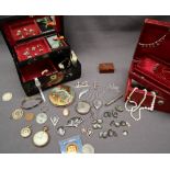 Assorted costume jewellery including Siamese bracelet, earrings, cufflinks, pendant, patch pot,