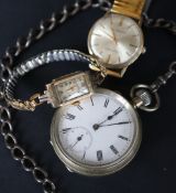 A lady's 9ct yellow gold wristwatch with a rectangular face and Arabic numerals,