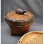 A Chinese rice pot and cover with turtle handle of basket weave form together with a wicker sieve