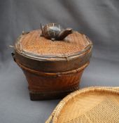 A Chinese rice pot and cover with turtle handle of basket weave form together with a wicker sieve