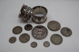 A silver medallion for the Welsh Pony and Cob Society together with two silver napkin rings,