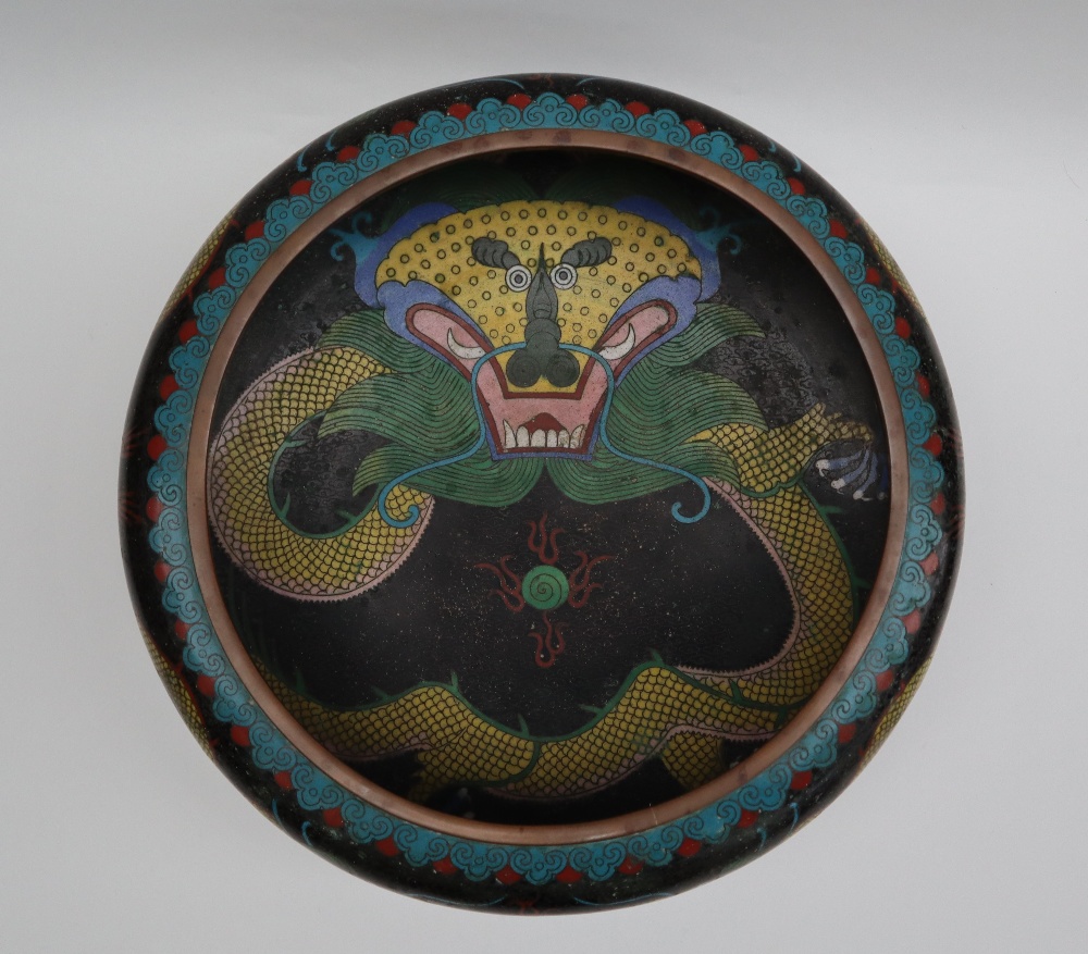 A Japanese cloisonne enamel bowl, decorated to the centre with a dragon to a black cloud ground, - Image 2 of 9