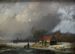 Anthonie Jacobus Van Wyngaerdt A frozen river Oil on board MacConnal-Mason & Son label verso 17 x