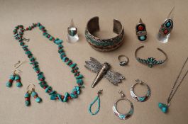 A turquoise and coral beaded necklace together with turquoise set rings, earrings,