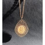 A late Victorian gold sovereign dated 1899, in a 9ct gold setting on a 9ct gold chain,