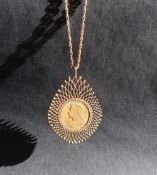 A late Victorian gold sovereign dated 1899, in a 9ct gold setting on a 9ct gold chain,