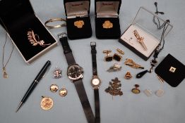 Cunard pin badges together with a Casio wristwatch, cufflinks, tie pins,