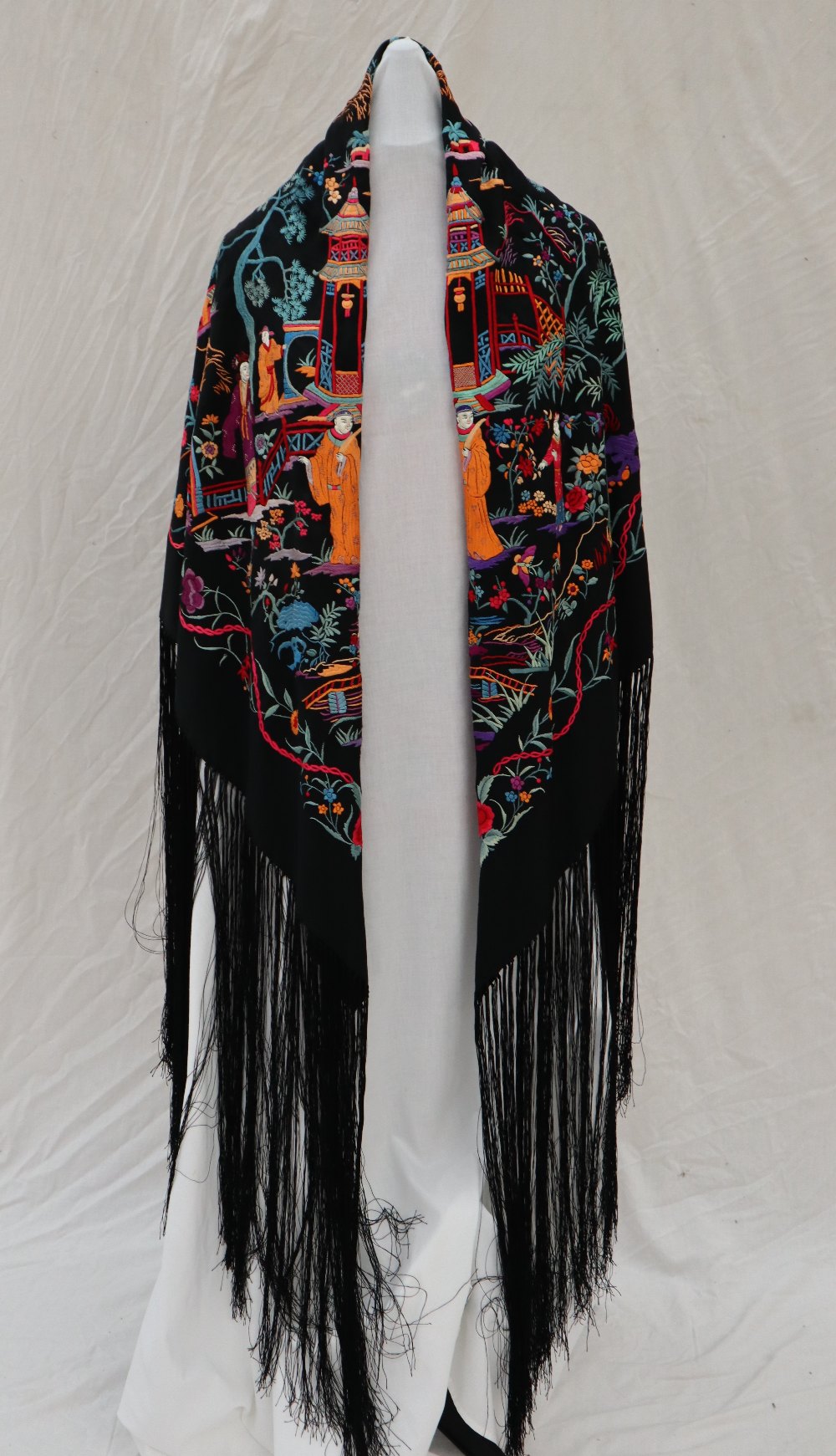 A black silk piano shawl with repeat hand embroidered design of figures in traditional dress - Image 4 of 9