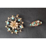 A 9ct yellow gold seed pearl and turquoise brooch of circular form,