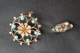 A 9ct yellow gold seed pearl and turquoise brooch of circular form,