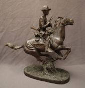 In the style of Frank Remington A cowboy on a galloping horse on an oval naturalistic base