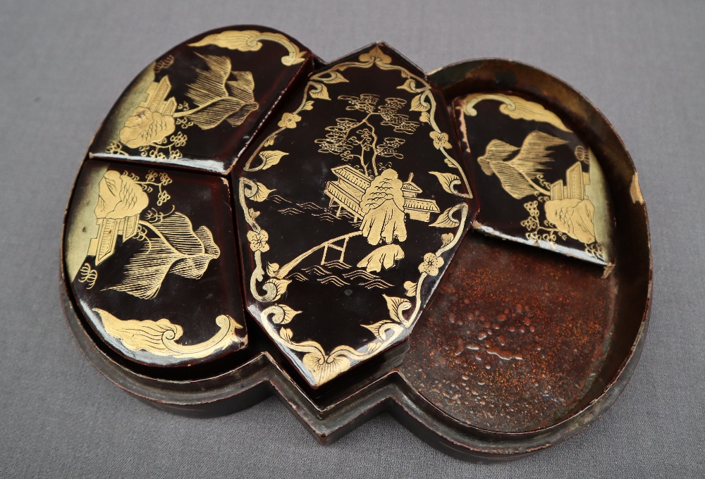 A Japanese black lacquer papier mache box and cover of lobed fall decorated with birds, - Image 3 of 7