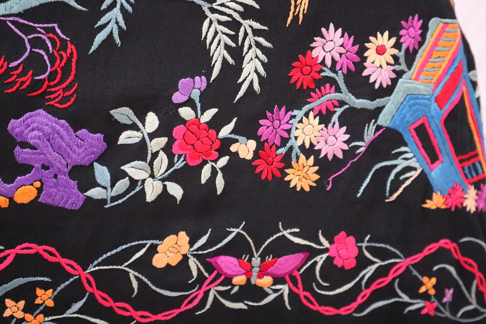 A black silk piano shawl with repeat hand embroidered design of figures in traditional dress - Image 6 of 9