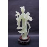 A 20th century Chinese pale jade figure of a Geisha on a wooden stand, boxed,