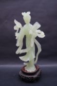 A 20th century Chinese pale jade figure of a Geisha on a wooden stand, boxed,
